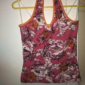 orange and pink Hawaiian halter top.